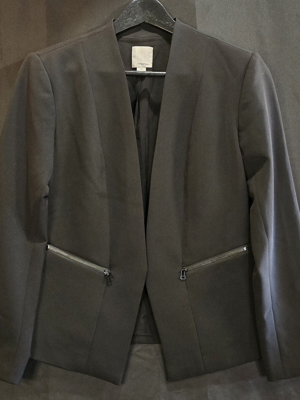 Halogen Black Collarless Open Front Zipper Pocket Blazer